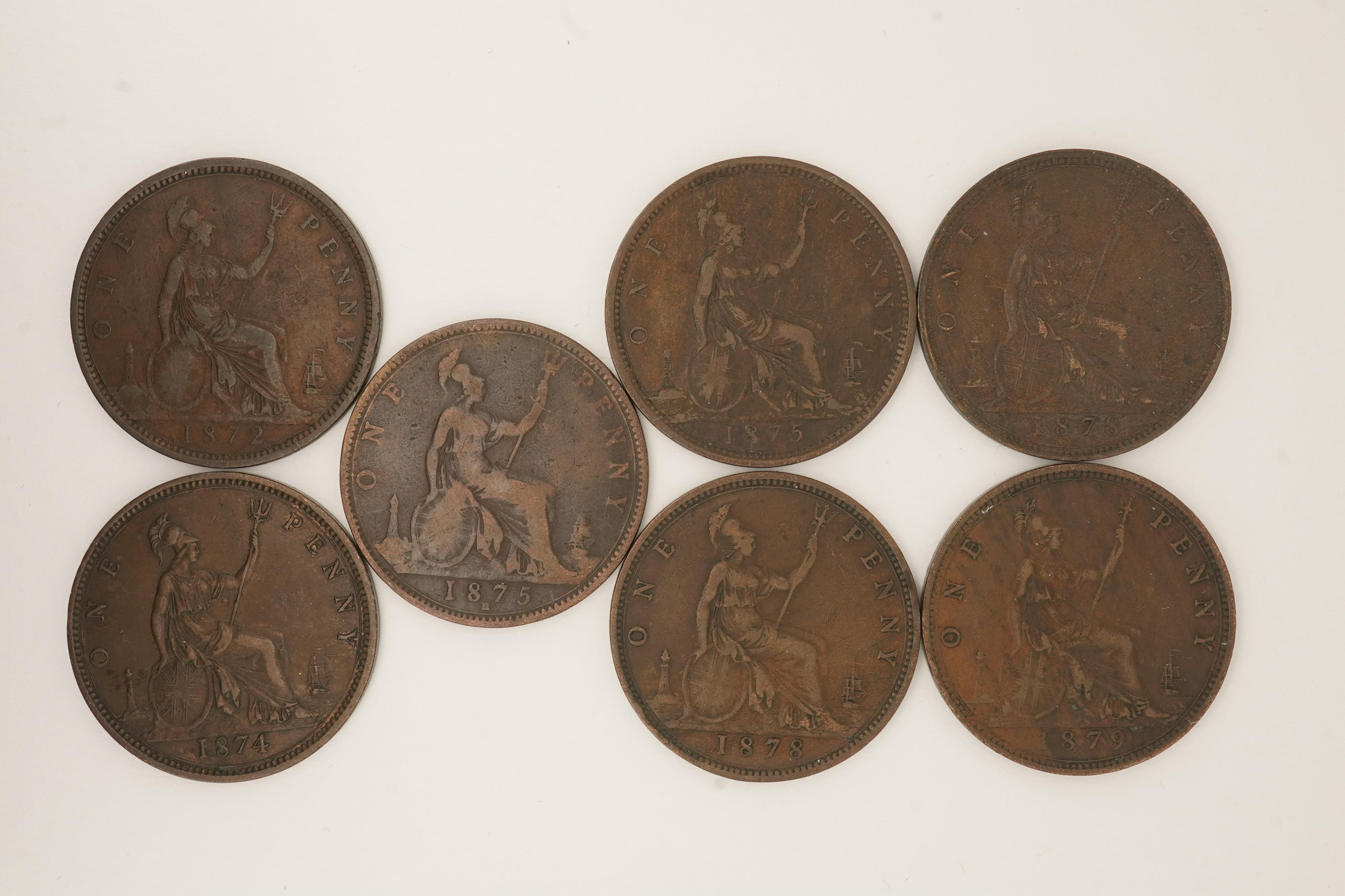 British coins, Victoria, seven bronze pennies;, 1872, Fr. 62, Gouby dies J/g, fine, dark toned, 1874, small date, Fr. 73, K/j, good VF, dark toned, 1875, H below, Heaton mint, Fr. 85, good, dark toned, scarce, 1875, Fr.